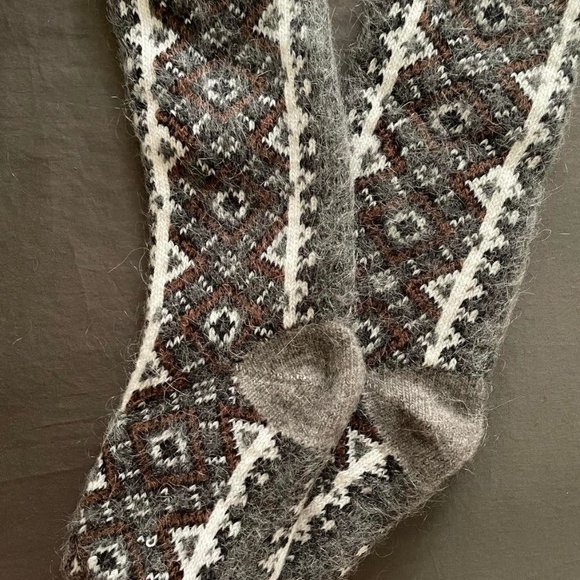 New Knee Socks Hand Knit Real Soft Wool Winter Tribal Brown Gray White - Picture 2 of 3